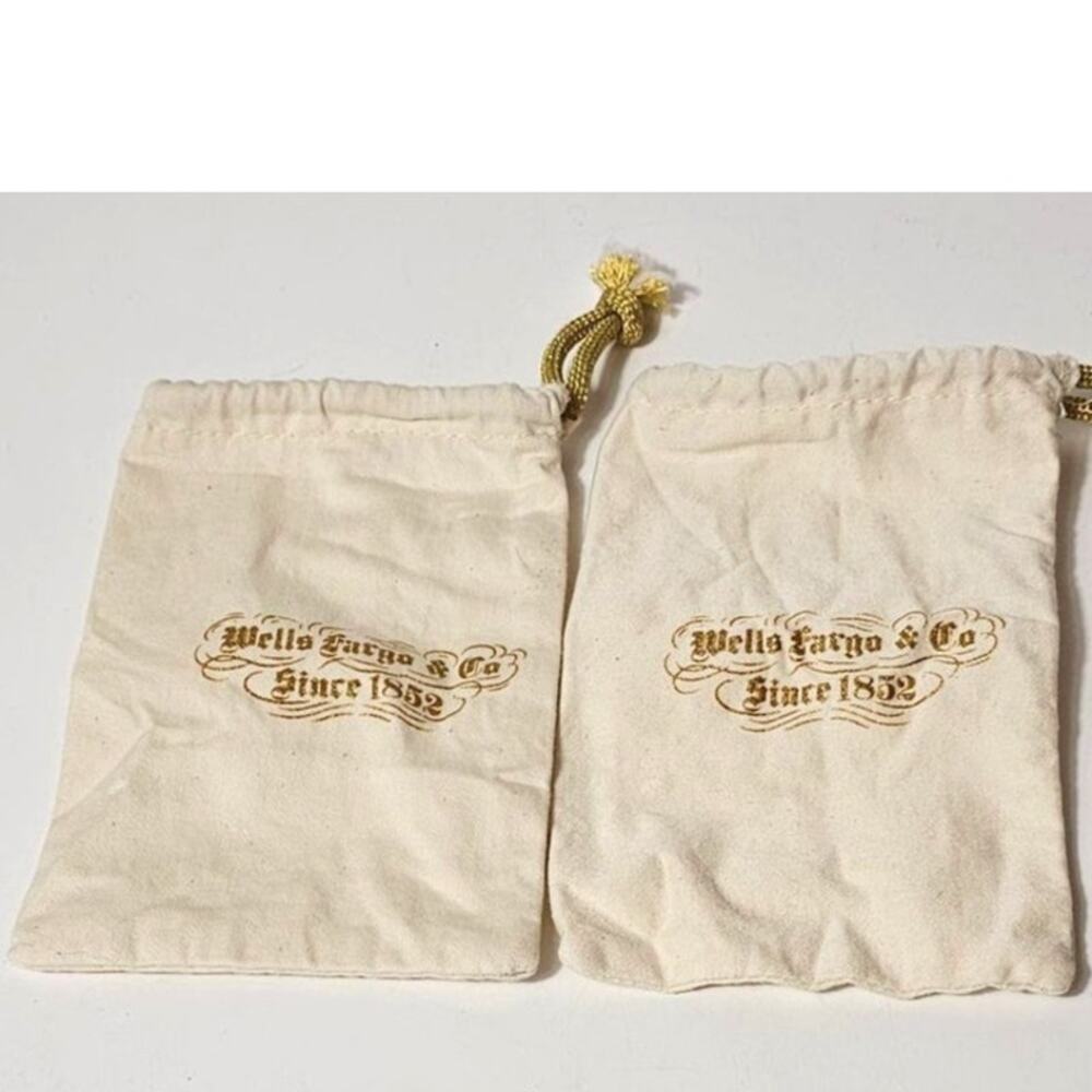 2 Wells Fargo & Co Drawstring Pouches 6.75 x 4.25 Gold Logo Memorabilia Vintage
